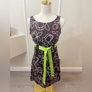 R&K Brown Midi Dress with Floral Design and Green Bow